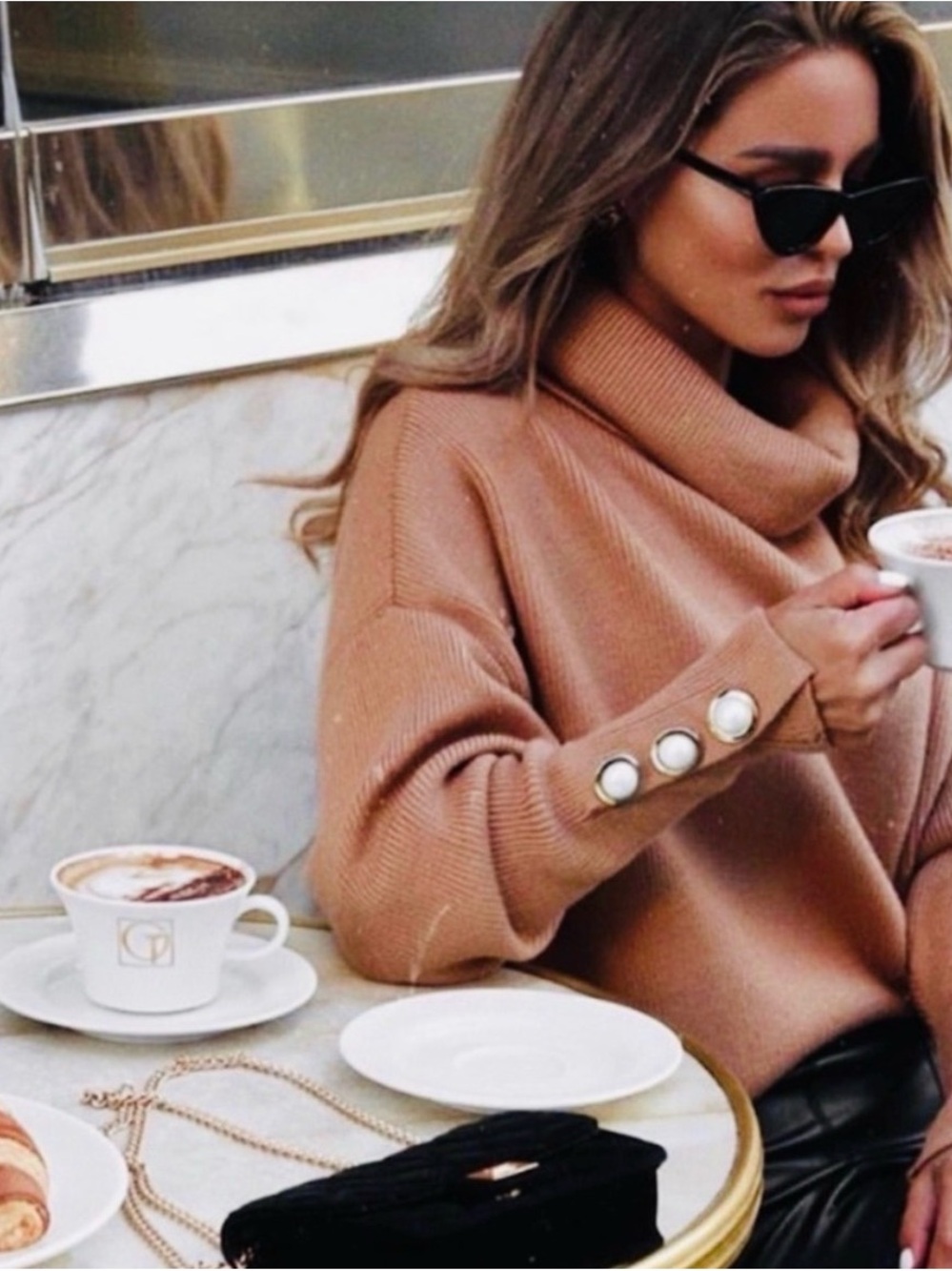 NWT Zara Camel Cowl Neck Sweater with Pearl Button Cuffs Size S Fun for Fall!